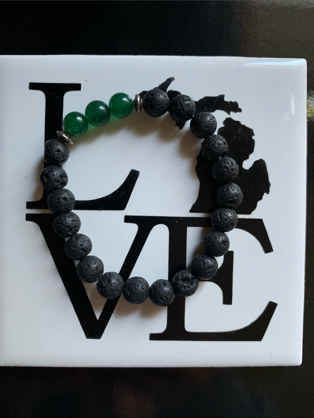 Black Lava Stone and Green Bead Stretch Bracelet
